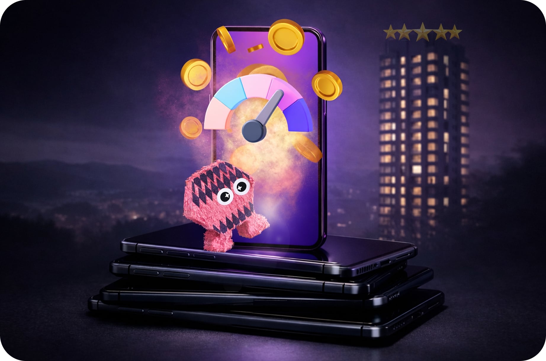 Max mascot on top of stack of phones