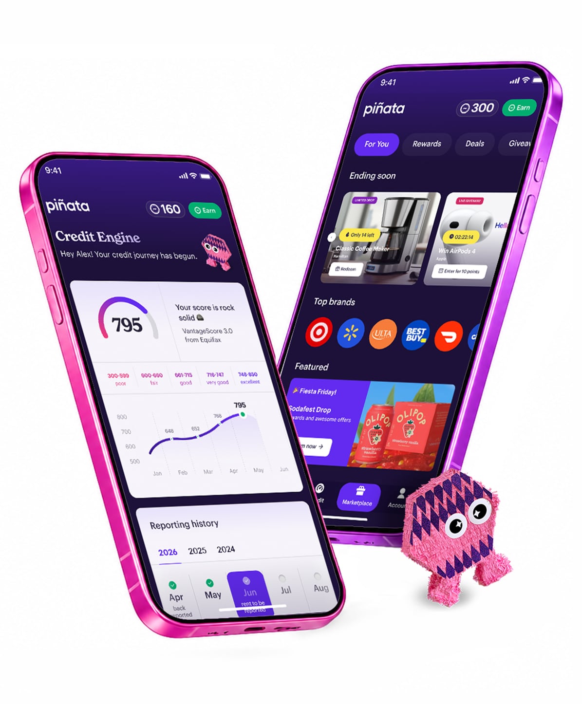 Piñata App on phones showing credit history and rewards