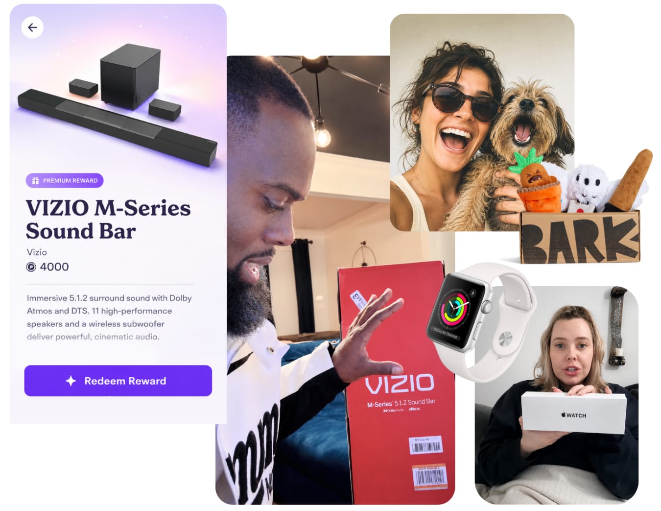 Collage showing different rewards available from Piñata, including the Vizio M-Series Sound Bar