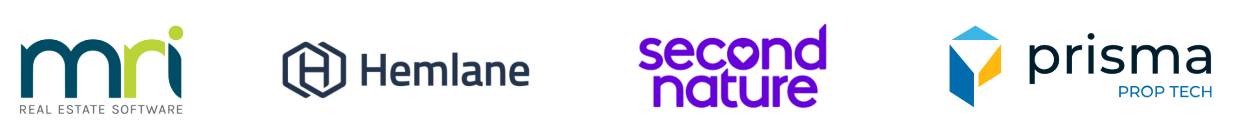 logos for MRI Real Estate Software, Hemlane, SecondNature and Prisma Prop Tech