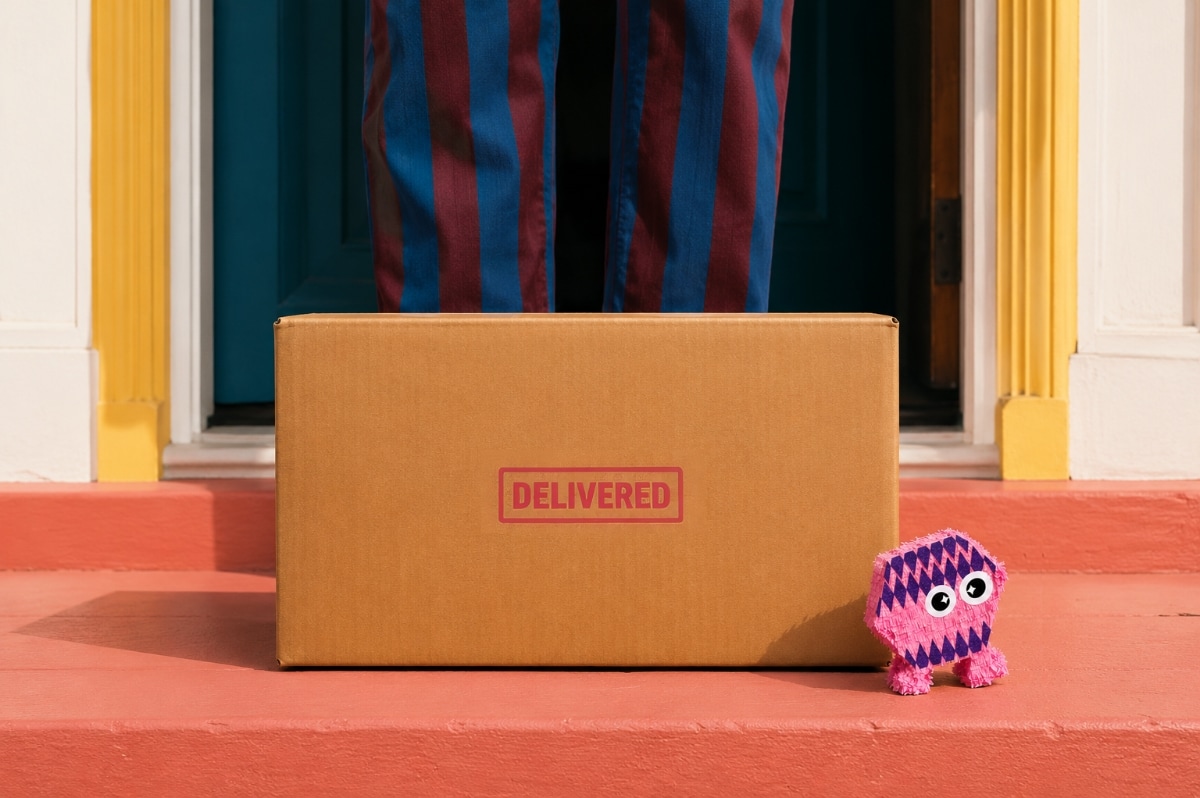 photo showing a delivered package with Piñata mascot, Max, beside it.