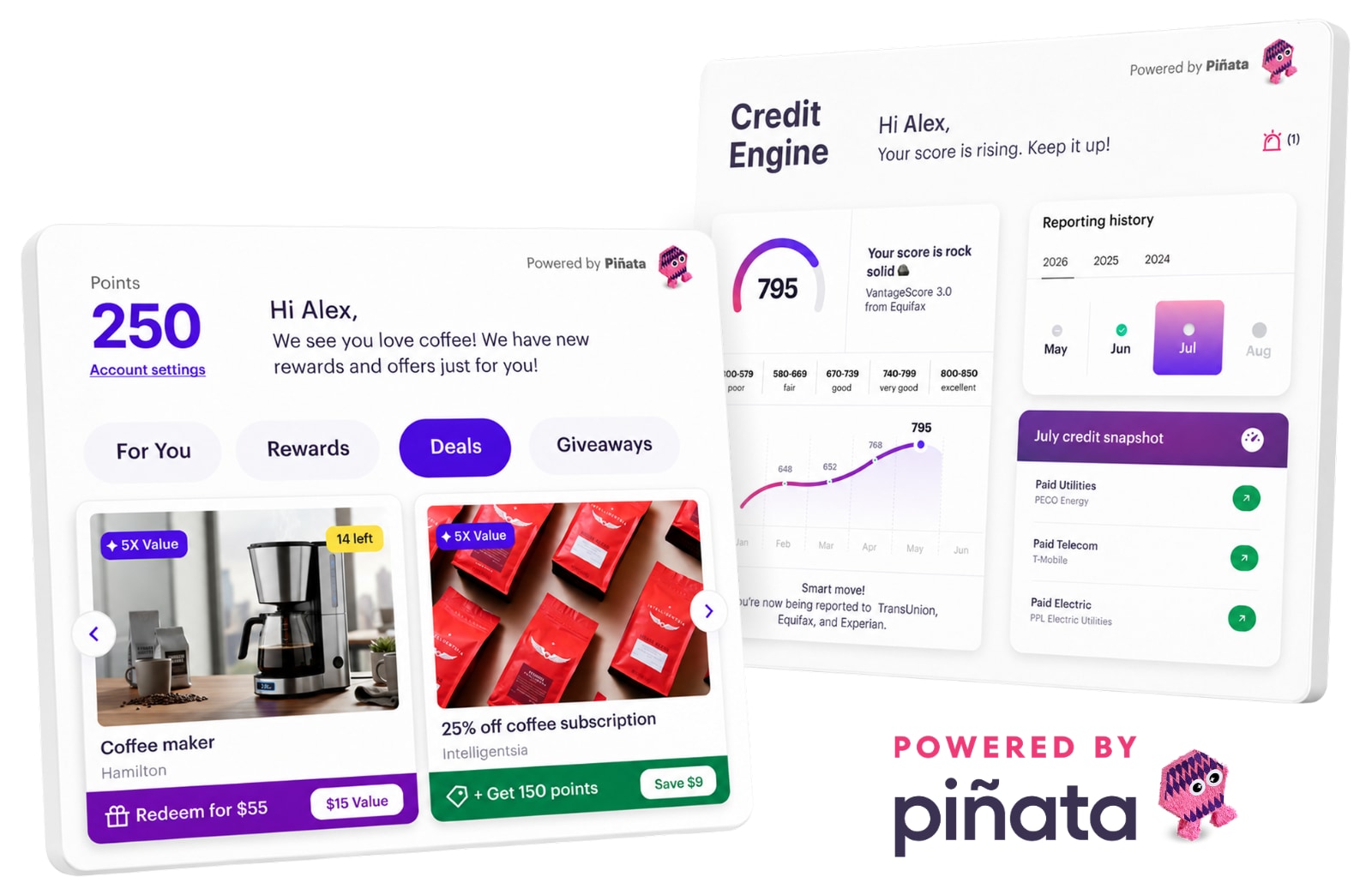 Two screenshots of the Piñata website and rewards portal